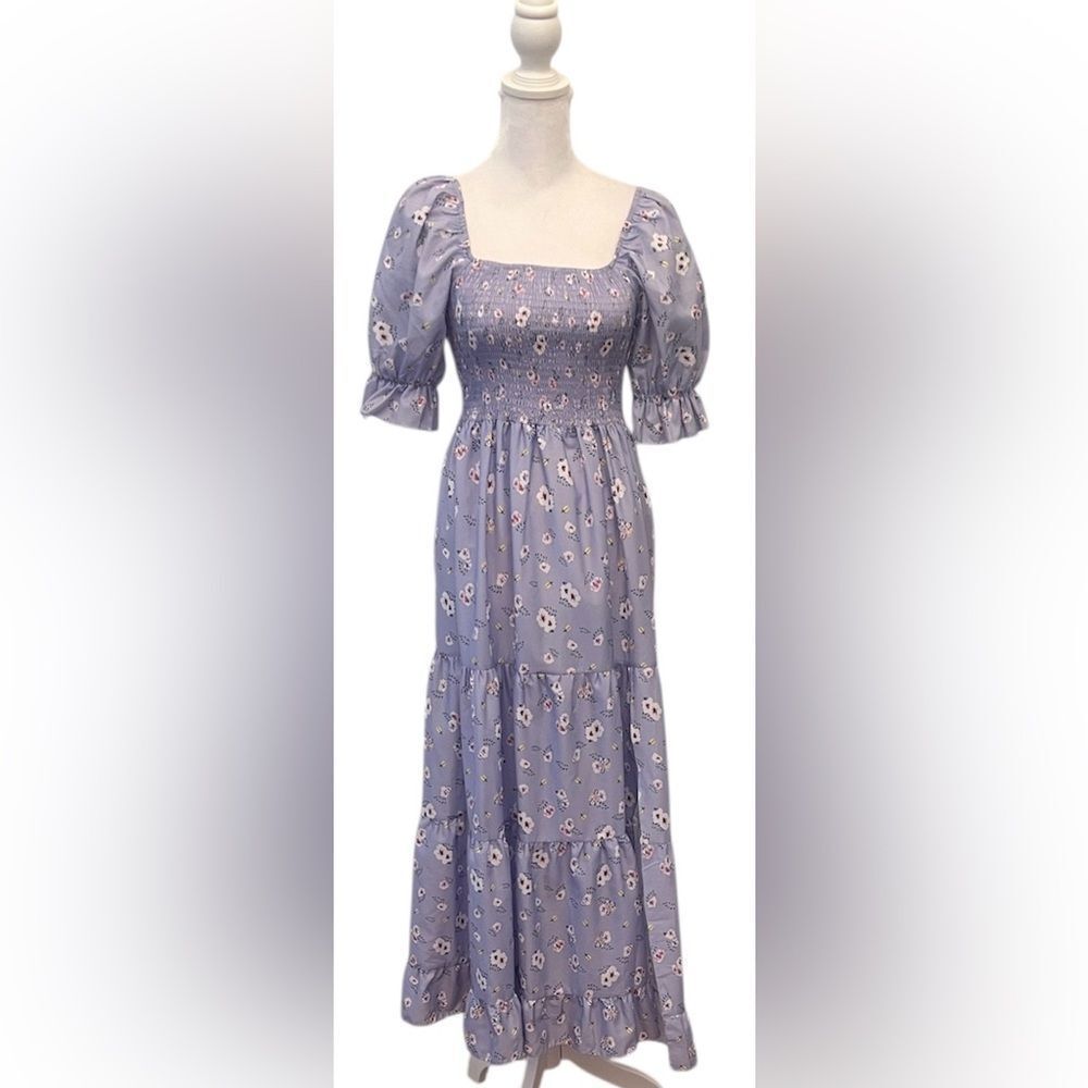 Shein szS SS Smocked Square-Neck Lavender Floral Maxi Dress with slit EUC